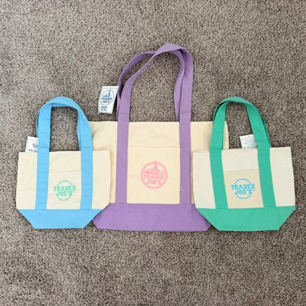 Trader Joe's Canvas Pastel Totes Purple Reuseable Mini Green Blue NWT Set of 3